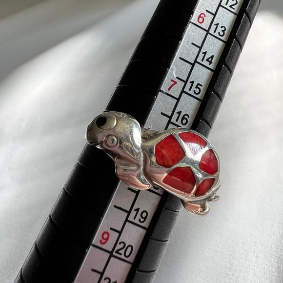 Sterling Silver Turtle Animal Red Enamel Inlay Ring Size 8 - Picture 7 of 11